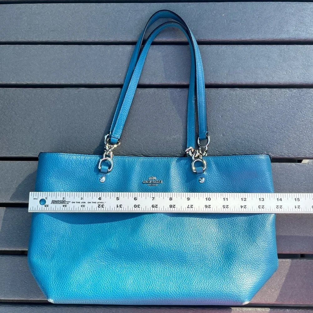 Coach; Vibrant Teal/Blue Leather Tote; Minor Wear; Duel Handles;14x3x8in - Picture 3 of 10
